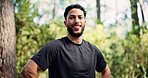 Happy, outdoor and face of man in forest for fitness, workout or wellness training in morning. Sports, nature and portrait of male athlete with confidence for cardio exercise in woods in Mexico.