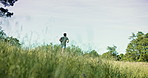 Athlete, man and running for fitness outdoor with exercise, cardio training and morning routine. Back, space and jog with male runner for endurance workout, fresh air and building stamina in nature