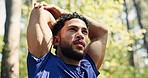 Man, fitness and stretching with arms in forest for workout preparation, break or rest in nature. Active, male person or getting ready with warm up for training, health or outdoor exercise in woods