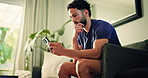 Thinking, man and texting with smartphone on couch, house and chatting with contact on social media. Typing, message and person with mobile for communication, reflection and browsing on web in lounge