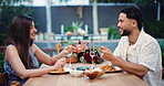 Couple, eating and food on date in restaurant with love, romance and anniversary celebration. Smile, people and champagne drink for fine dining, Italian cuisine and bonding of relationship commitment