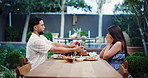 Date, engagement ring and proposal with couple in restaurant together for commitment or love. Marry me, promise and relationship goals with man and woman at table for romance or surprise question