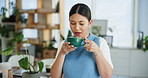 Business, woman and coffee drink in office to start day, work break and environment consultant. Smile, person and thinking with espresso beverage, workplace peace and solution of sustainable proposal