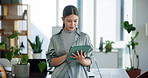 Plants, reading and tablet with business woman in green office for net zero development or research. App, planning and schedule with employee person in eco friendly workplace for sustainability