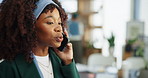 Media agency, phone call and black woman in office, talking or online interview with contact. African person, feedback or journalist in workplace, cellphone or communication for news report or review