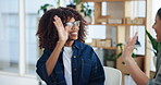 Happy women, designers and success with high five for project completion or finished deadline. Female people, colleagues or employees with smile for well done, good job or teamwork in workplace