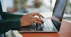 Laptop, typing and hands of woman in office for report, email response and administration. Copywriter, drafting proposal or research with creative employee, tech and proofreading feedback or review