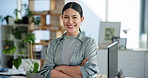 Face, confidence and business woman in office as green consultant with pride, about us or funny. Portrait, arms crossed and happy professional in startup with sustainability advisor laughing in Spain