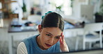 Journalist, woman or headache in office with computer for bad review, journalism ethics fail or issue. Upset, person or migraine with tech for plagiarism report, fake news mistake or reputation risk.