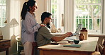 Couple, support and man with laptop, home office and creative for design project, talking and online. Woman, massage and care for graphic designer with technology, happy and freelance assignment