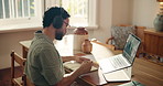 Remote work, writing and man on laptop with headphones for finance report, seo review and research. Freelancer, home and person with audio on computer for statistics, financial analysis and budget