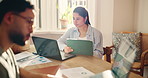 Remote work, tech and couple on laptop in home for finance report, budget review and research. Freelance, marriage and man with woman on tablet for statistics, financial analysis or planning in house