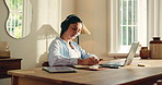 Home, writing and woman with headphones, creativity and remote work with sound. Apartment, freelancer and person with pc, podcast and deadline for transcription project or schedule for news report