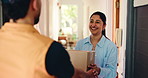 Woman, delivery man and box at front door, home or happy for customer experience with e commerce. People, courier and smile with cardboard package, shipping service or thanks for product at apartment