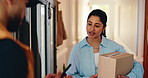 Woman, delivery man and box at front door, phone or happy for customer experience with e commerce. People, courier and smile with app for package, shipping service and sign for product at apartment