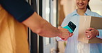 Hands, payment and phone at front door with box, customer experience or fintech for ecommerce. People, courier and smartphone with app for pos, delivery service and thanks for product at apartment