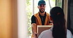 Delivery man, woman and package at front door, home or happy for customer experience with e commerce. People, courier and talk with cardboard box, shipping service or thanks for product at apartment