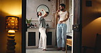 Couple, night or singing with toothbrush in bathroom, grooming routine or dancing for care. Connection, evening karaoke or happy people brushing teeth for hygiene, love or bonding in home performance