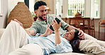 Phone, relax and happy couple talking in living room for social media, laugh and communication. Mobile, man and woman on sofa in home for conversation together, love and funny joke on internet