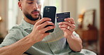 Credit card, relax and man with phone on sofa in home for online shopping, ecommerce or checkout. Cellphone, debit and person with website for store purchase or payment in living room at apartment.