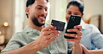 Credit card, happy or couple in home with phone, shared cart or sales promo in eft transaction. Digital, easy shopping or people in house with tech, remote service or discount on gift purchase.