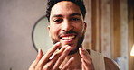 Happy man, face and bathroom with mirror for skincare morning, fresh or grooming routine in home. Portrait, male person or reflection with smile in POV for facial massage, treatment or self love