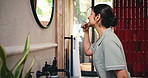 Bathroom, woman or brushing teeth by mirror for health, oral hygiene and gum wellness. Home, person or cleaning with toothbrush for fresh breath, dental orthodontics or self care with morning routine