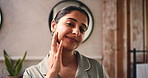 Happy woman, face and bathroom with mirror for skincare morning, lotion or moisturizer in home. Portrait, female person or facial cream with smile in POV for beauty, cosmetics or treatment in house