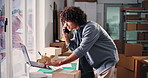 Ecommerce, man and phone call with laptop, info and label for web order or supply chain. Small business, entrepreneur and communication with tech for distribution, update and logistics in startup