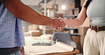Business people, meeting or logistics with handshake for agreement, shipping deal or partnership. Employees, colleagues or shaking hands with b2b discussion for online distribution or courier service