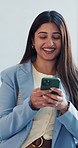 Woman, scroll and laughing in office with phone for viral social media joke, comic or online gossip. Happy, person or browsing with tech for internet humor, comedy or funny text message conversation.