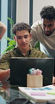 Office, team and men with laptop, creative and ad performance review on website, online and research. Digital marketing, info and people with tech for campaign, collaboration and planning for project