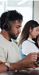 Headphones, man and scroll with tablet for education, research course info or plan subject essay. Watch lecture video, digital resources and people learning with tech, study or listen to audio guide