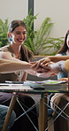 Sales team, hands stack and woman in meeting, success and graphs for profit growth. People, smile and coworking in office, gesture and pride with achievement, subscription increase and cooperation