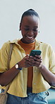 Happy, university and black woman with phone for typing message, social media and connection. College, school and student on smartphone for notification, connection and networking on mobile app