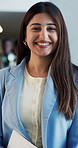 Happy, corporate and face of business woman in office with pride, confidence and finance career. Professional, lobby and portrait of person with smile for financial consultant, job and about us