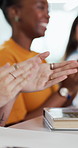 Office, clapping hands and people with audience for celebration, workshop and feedback for company goals. Teamwork, designers and support with applause for congratulations, achievement or success