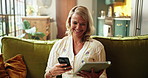 Woman, phone and tablet on couch, scroll and relax with data sync, backup or download file in home. Person, smartphone and tech on app, share or smile for social network on sofa in lounge at house