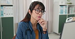 Thinking, doctor and woman with computer, hospital or reading diagnosis on web, serious and planning. Review, test results and mature person with tech for healthcare, reflection and patient records