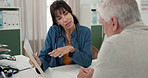 Consultation, doctor and old man in clinic, documents or conversation with feedback for treatment. Paperwork, mature patient or woman with advice, medical service or appointment with recovery report