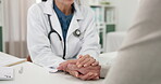 Doctor, elderly patient and holding hands with support for test results, cancer diagnosis or comfort. Health, old person or professional with empathy in clinic for bad news, medical crisis or illness