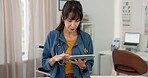 Doctor, thinking or scroll tablet in clinic for Telehealth, research or feedback comment on medical platform. Healthcare, woman and physician review online with insight for communication on app