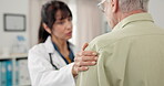 Old man, hands or doctor with support in consultation for health diagnosis, treatment advice and chat. Healthcare, senior patient and professional with comfort in clinic for medical news and checkup