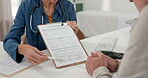 Medical, hands or people in office with form, discussion or advice for life insurance application. Healthcare, mature or doctor in clinic with contract, hospital aid or instruction for patient survey