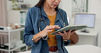 Doctor, hands or scroll tablet in clinic for Telehealth, research or feedback comment on medical platform. Healthcare, woman and online search for physician review with communication on medicine app