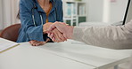 Woman, doctor and handshake with patient for consultation, agreement or health insurance in office. Female person, healthcare worker or shaking hands with client for medical visit, advice or deal