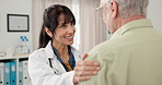 Old man, woman and doctor with support in consultation for health advice, treatment progress and chat. Medical, senior patient or professional with routine checkup in clinic for wellness or good news