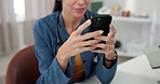 Hands, doctor and typing with phone in clinic for telehealth, medical advice and online schedule. Healthcare, woman and happy with smartphone in hospital for text message, health research and email