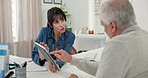 Woman, doctor and tablet with senior patient for consultation, health policy or diagnosis in office. Female person, healthcare worker or chat with elderly man, client or technology for medical advice