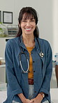 Happy woman, face and doctor with stethoscope in clinic for professional medical care or service. Portrait, female person or healthcare worker with smile for health advice or assistance in hospital